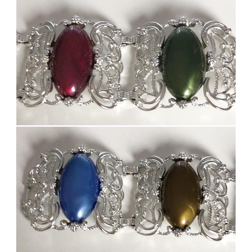 Vintage SARAH COVENTRY Silver Tone Filigree Link Bracelet w/ Multi-color Lucite - Picture 2 of 16